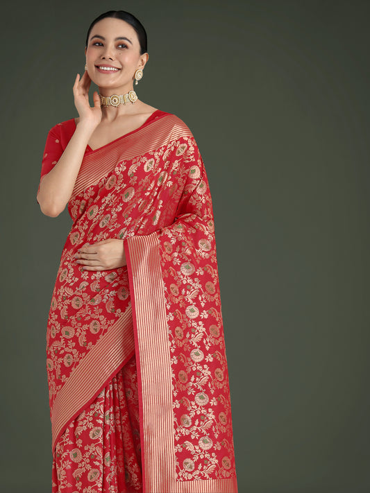 Red Banarasi Silk Zaal Woven Pattern Traditional Saree