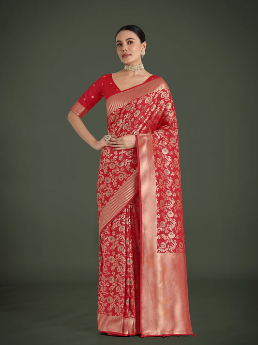 Red Banarasi Silk Zaal Woven Pattern Traditional Saree