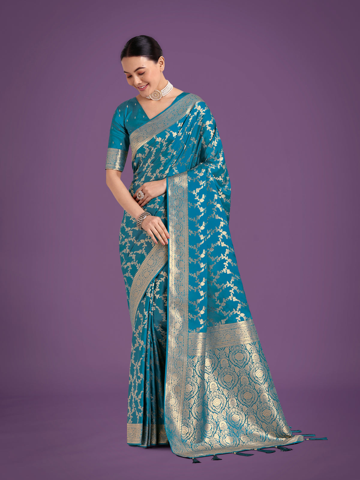 Stunning Cyan blue Banarasi Satin Silk Golden Meenakari Work Saree