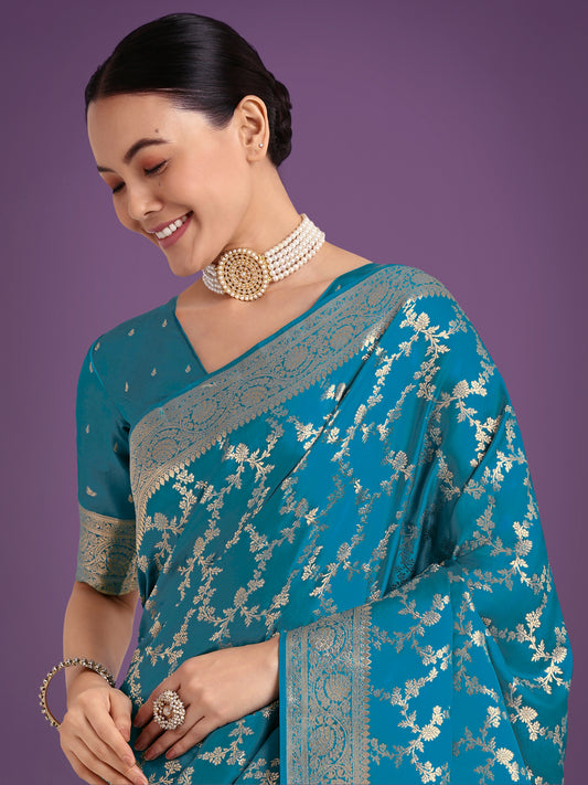 Stunning Cyan blue Banarasi Satin Silk Golden Meenakari Work Saree