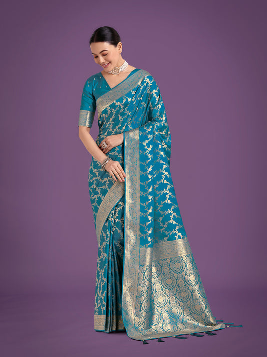 Stunning Cyan blue Banarasi Satin Silk Golden Meenakari Work Saree