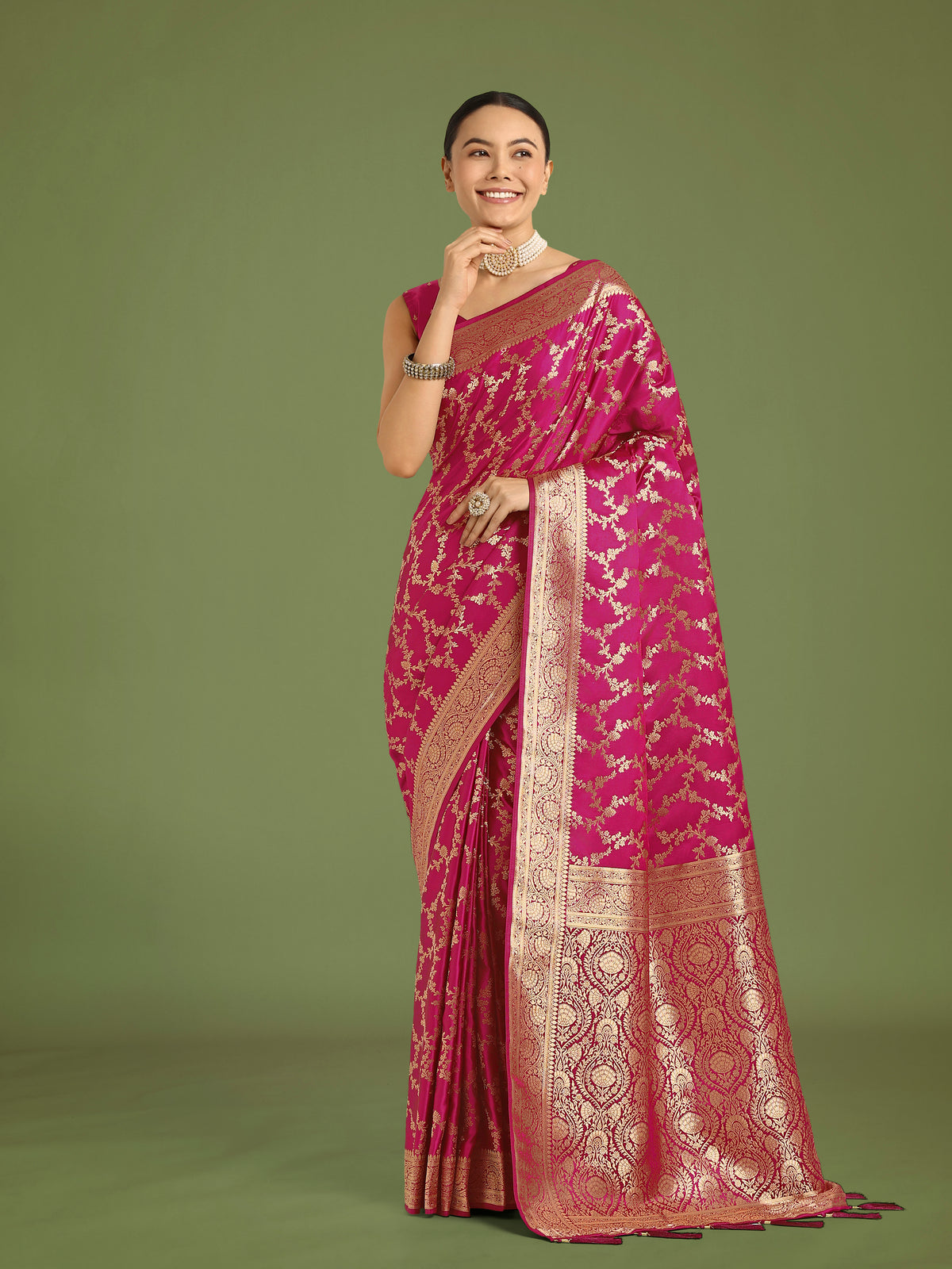 Stunning Rani Pink Banarasi Satin Silk Golden Meenakari Work Saree