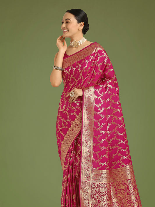 Stunning Rani Pink Banarasi Satin Silk Golden Meenakari Work Saree