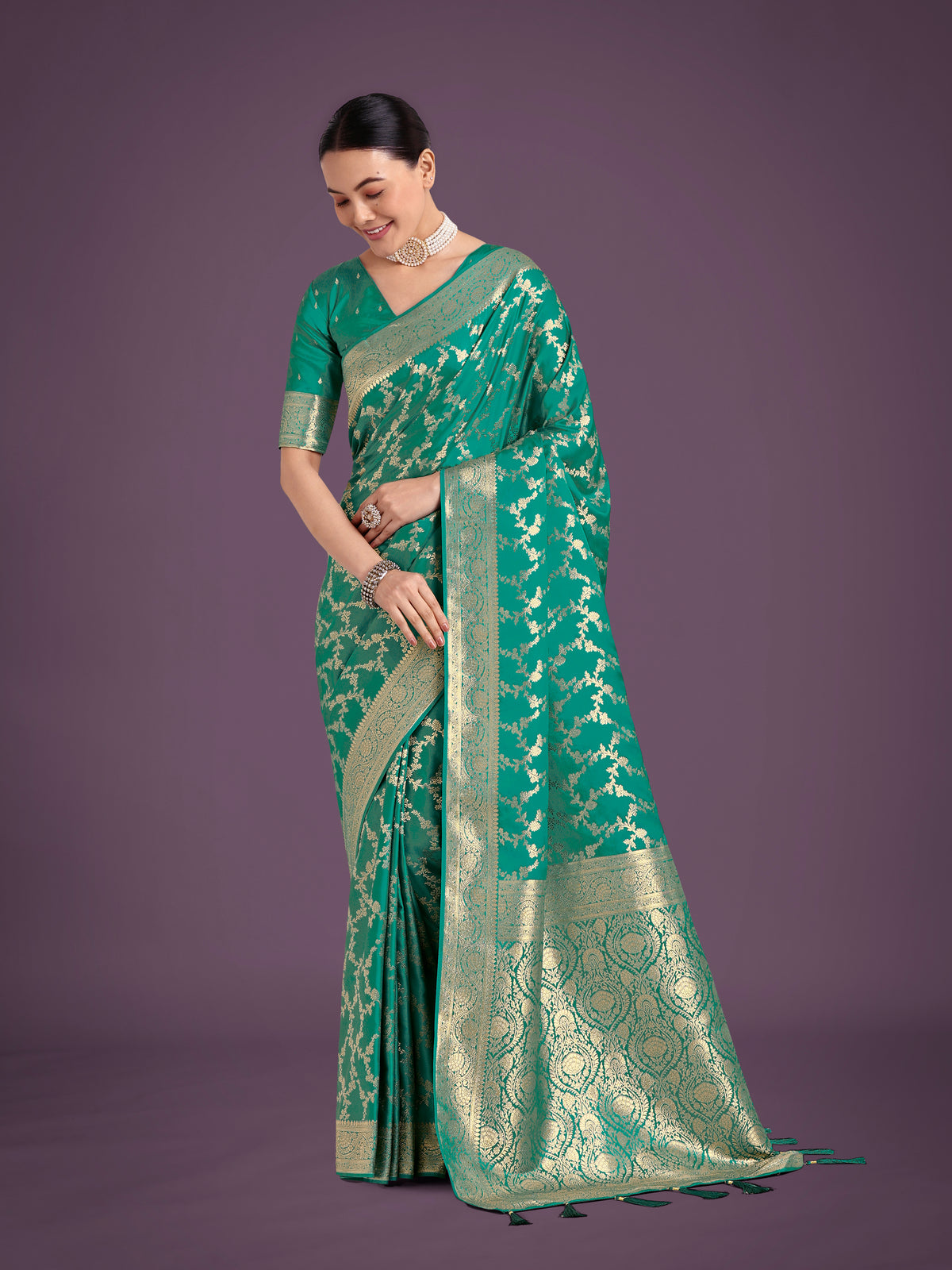 Stunning Turquoise Banarasi Satin Silk Golden Meenakari Work Saree