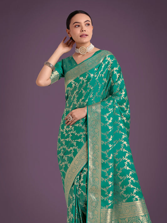 Stunning Turquoise Banarasi Satin Silk Golden Meenakari Work Saree