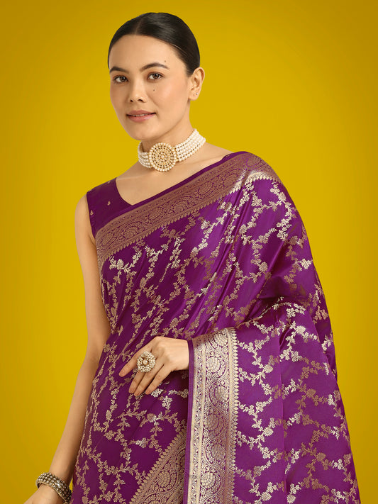 Stunning Purple Banarasi Satin Silk Golden Meenakari Work Saree