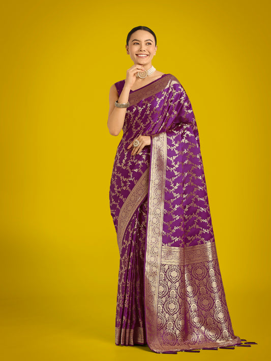 Stunning Purple Banarasi Satin Silk Golden Meenakari Work Saree