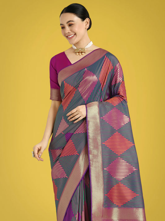 Multi Colour Banarasi Silk Zari Weaving Classic Saree