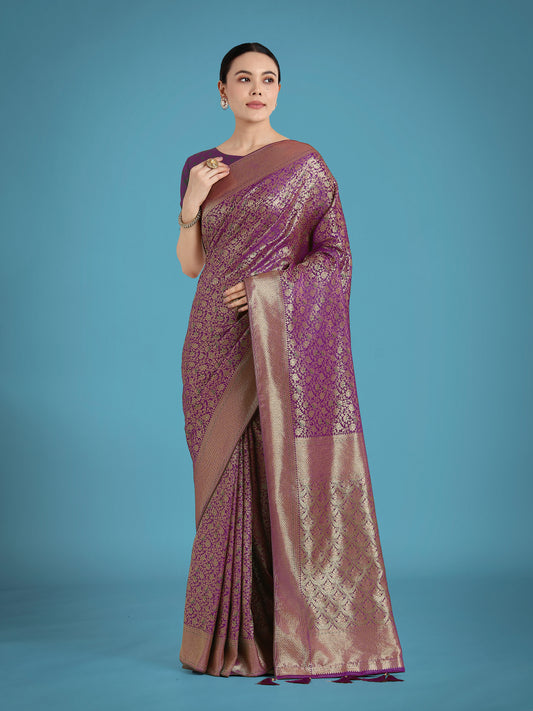Dark Purple Color Baanrasi Satin Silk Saree for Wedding Functions