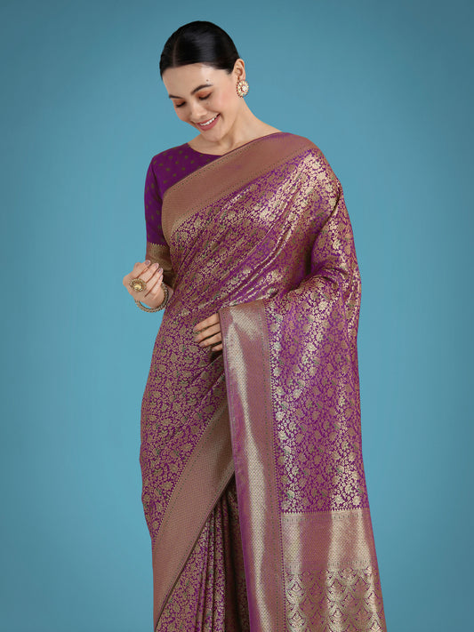 Dark Purple Color Baanrasi Satin Silk Saree for Wedding Functions