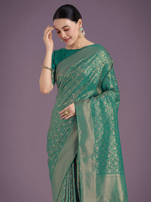 Teal Color Baanrasi Satin Silk Saree for Wedding Functions