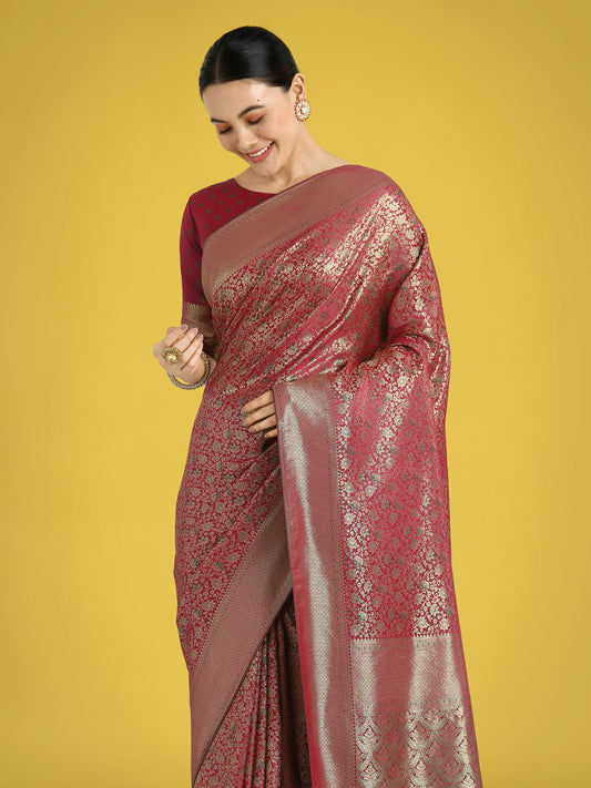 Maroon Color Baanrasi Satin Silk Saree for Wedding Functions