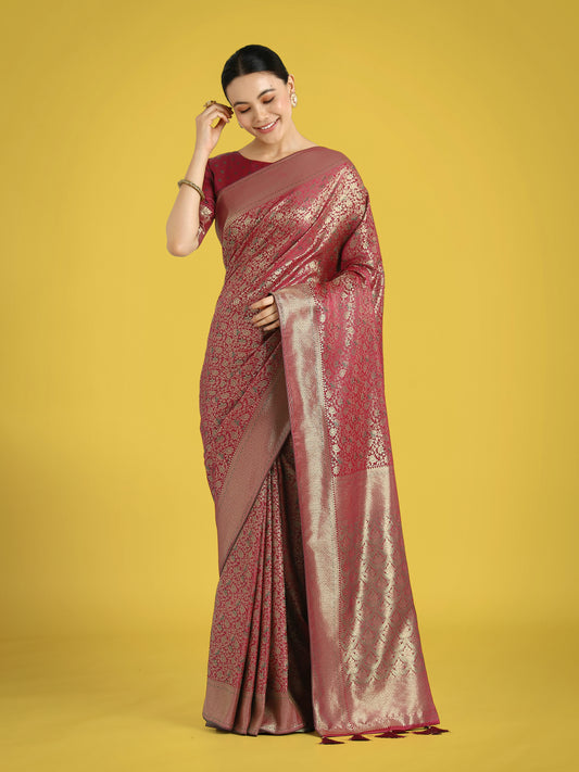 Maroon Color Baanrasi Satin Silk Saree for Wedding Functions