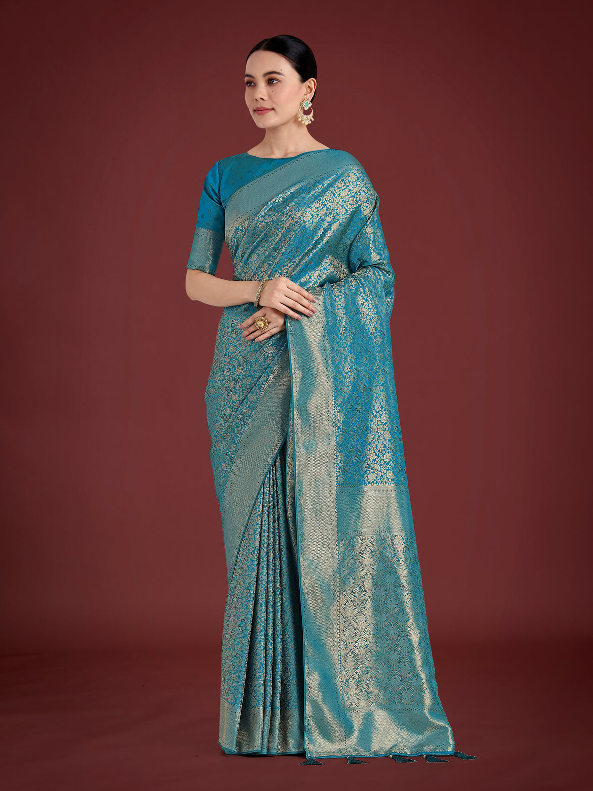 Dusty Cyan Color Baanrasi Satin Silk Saree for Wedding Functions