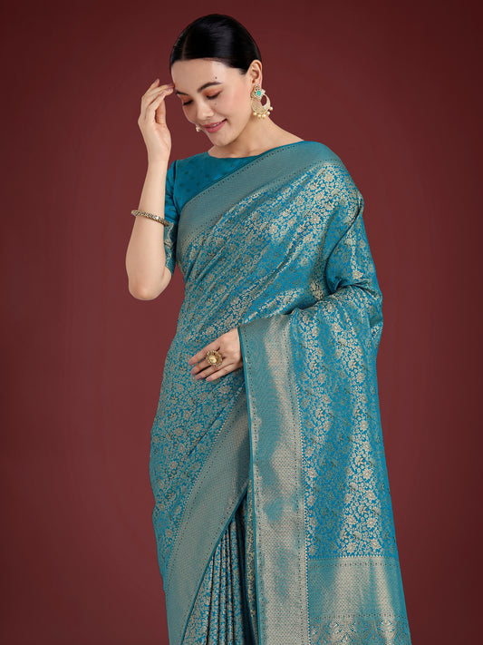 Dusty Cyan Color Baanrasi Satin Silk Saree for Wedding Functions