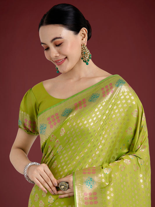 Lime Green Colour Banarasi Silk Zari Weaving Classic Saree