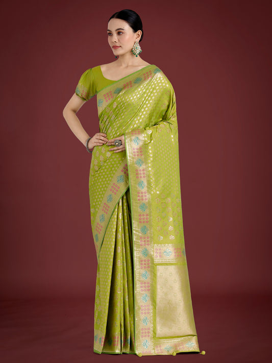 Lime Green Colour Banarasi Silk Zari Weaving Classic Saree