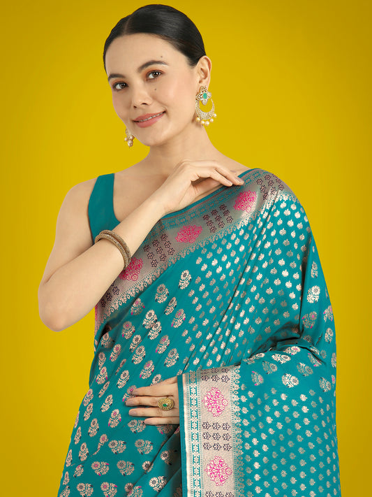 Cyan blue Colour Banarasi Silk Zari Weaving Classic Saree