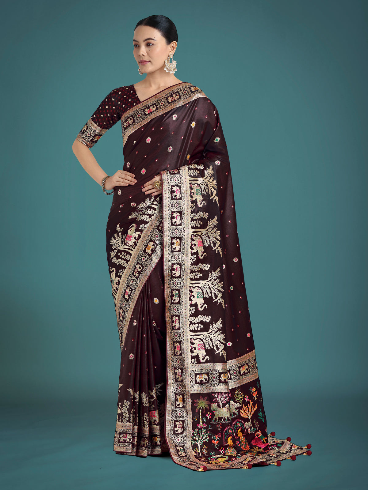 Gorgeous Maroon Woven Banarasi Designer Satin Silk Saree