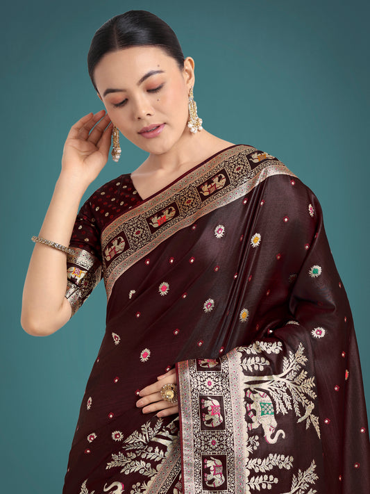 Gorgeous Maroon Woven Banarasi Designer Satin Silk Saree