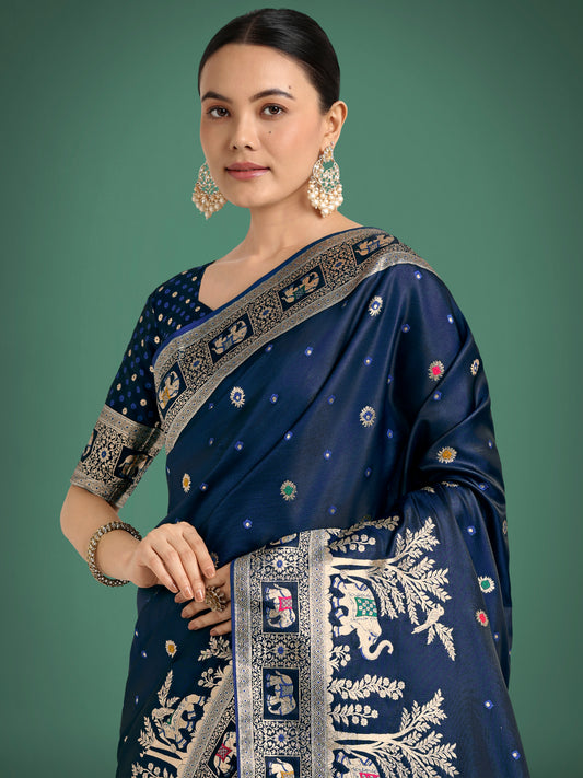 Gorgeous Blue Woven Banarasi Designer Satin Silk Saree