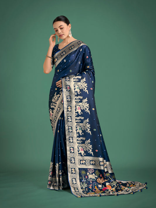 Gorgeous Blue Woven Banarasi Designer Satin Silk Saree