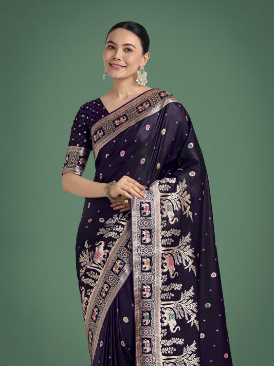 Gorgeous Purple Woven Banarasi Designer Satin Silk Saree