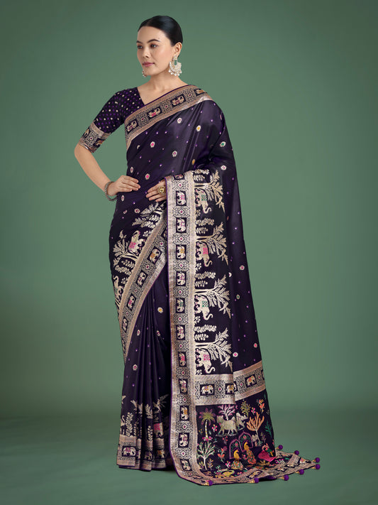 Gorgeous Purple Woven Banarasi Designer Satin Silk Saree