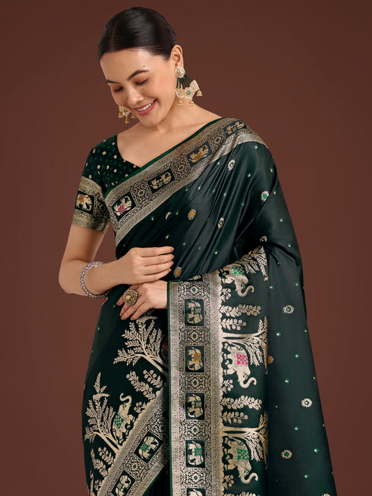 Gorgeous Dark Green Woven Banarasi Designer Satin Silk Saree