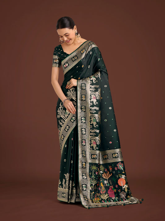 Gorgeous Dark Green Woven Banarasi Designer Satin Silk Saree