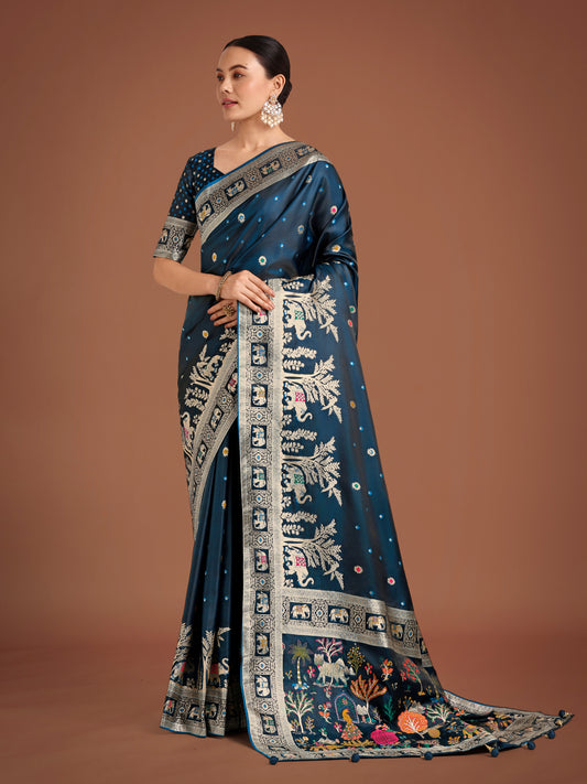 Gorgeous Dark Teal Woven Banarasi Designer Satin Silk Saree