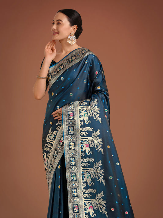 Gorgeous Dark Teal Woven Banarasi Designer Satin Silk Saree