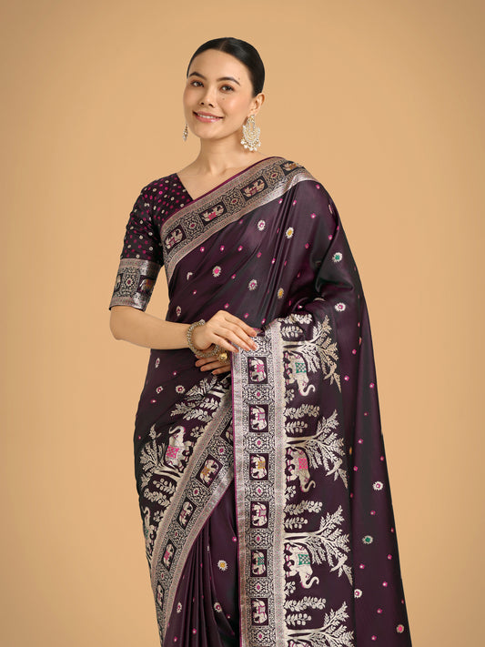 Gorgeous Wine Woven Banarasi Designer Satin Silk Saree