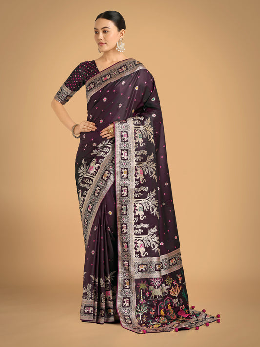 Gorgeous Wine Woven Banarasi Designer Satin Silk Saree