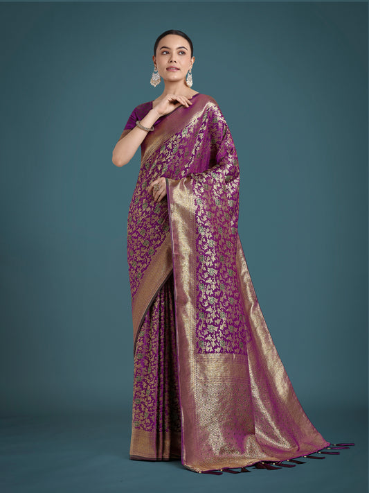 Scintilla Purple Banarasi Satin Silk Meenakari zari weaving Pattern Saree