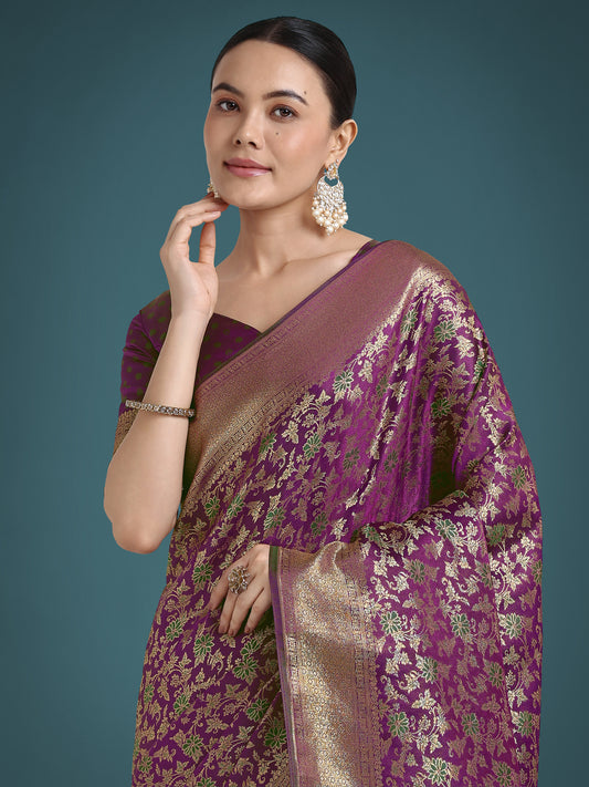 Scintilla Purple Banarasi Satin Silk Meenakari zari weaving Pattern Saree