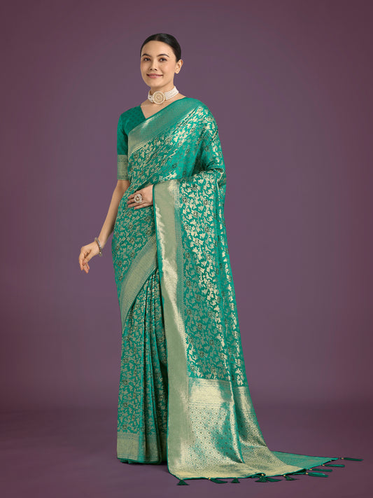Scintilla Turquoise Banarasi Satin Silk Meenakari zari weaving Pattern Saree