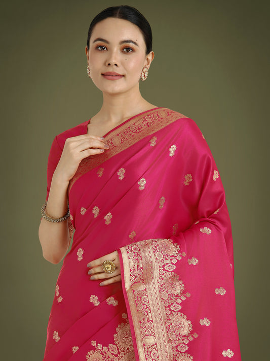 Hot Pink With Gold Bordar Banarasi Woven Satin Saree