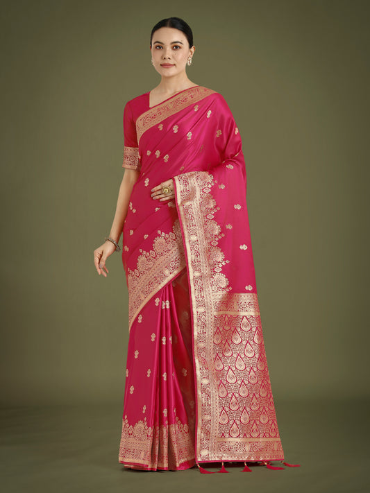 Hot Pink With Gold Bordar Banarasi Woven Satin Saree