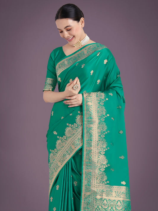 Turquoise With Gold Bordar Banarasi Woven Satin Saree