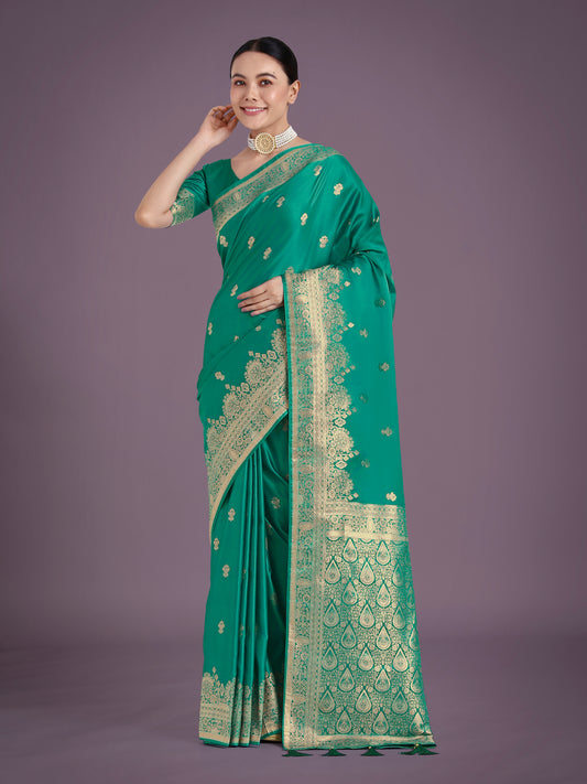 Turquoise With Gold Bordar Banarasi Woven Satin Saree