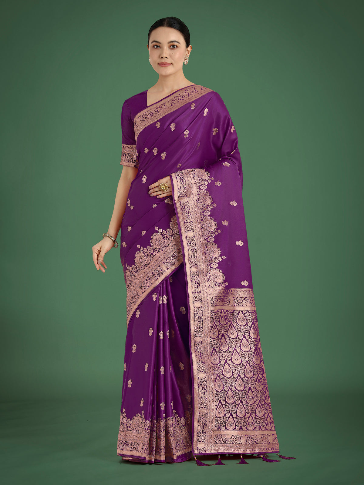 Purple With Gold Bordar Banarasi Woven Satin Saree