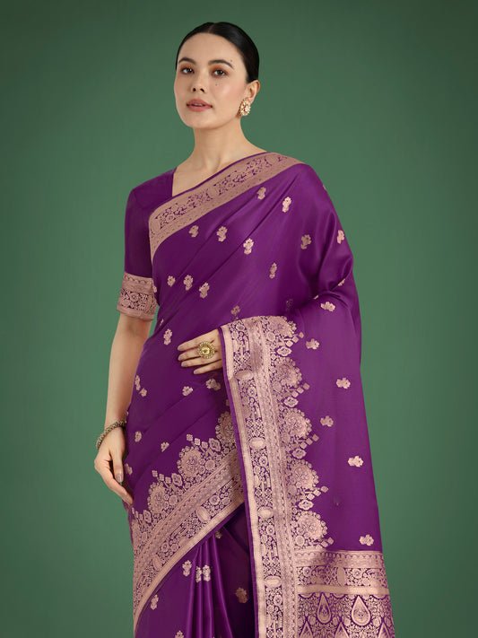 Purple With Gold Bordar Banarasi Woven Satin Saree