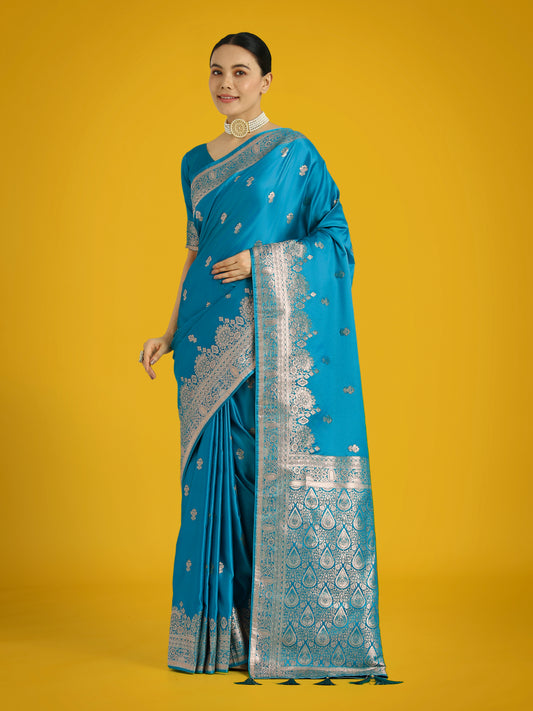 Cyan blue With Gold Bordar Banarasi Woven Satin Saree