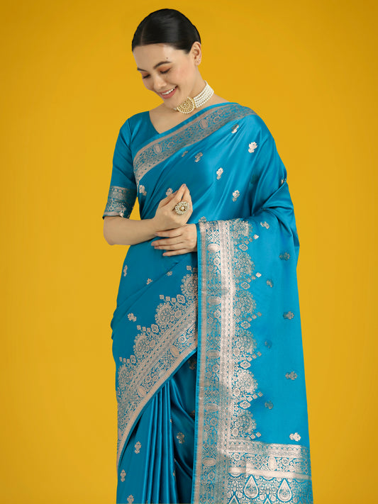 Cyan blue With Gold Bordar Banarasi Woven Satin Saree