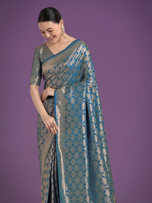 Flattering Cyan blue Banarasi Satin Silk Zari Weaving Work Designer Saree