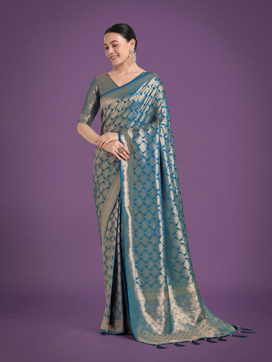 Flattering Cyan blue Banarasi Satin Silk Zari Weaving Work Designer Saree