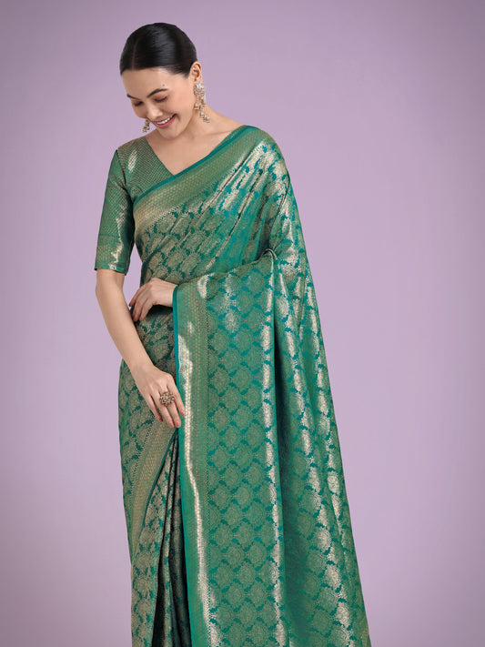 Flattering Turquoise Banarasi Satin Silk Zari Weaving Work Designer Saree