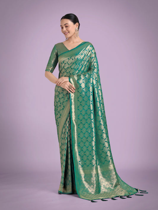 Flattering Turquoise Banarasi Satin Silk Zari Weaving Work Designer Saree