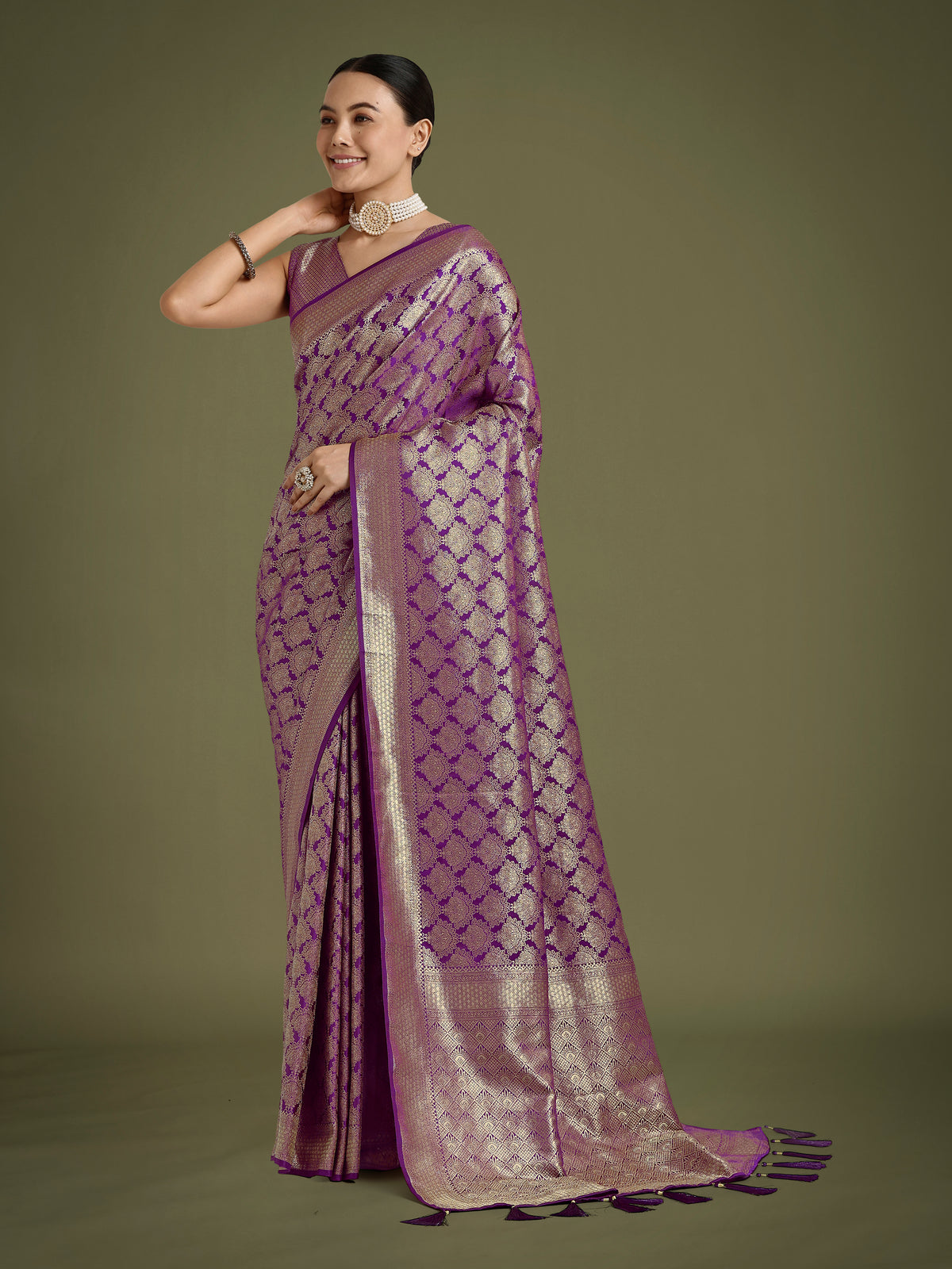 Flattering Purple Banarasi Satin Silk Zari Weaving Work Designer Saree